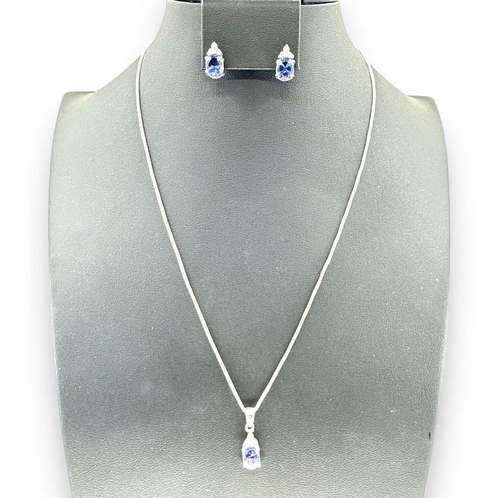 Sterling Silver Blue Cubic Zirconia Necklace and Earrings - Picture 1 of 8